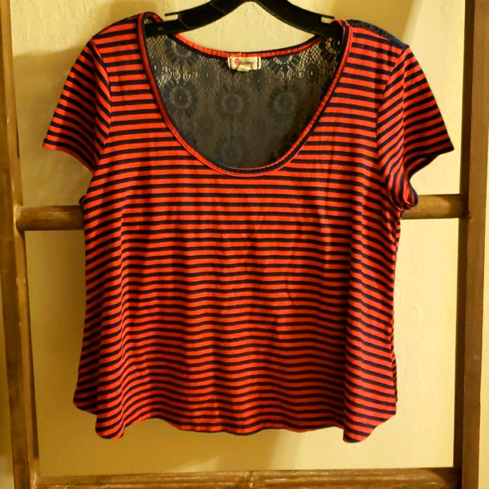Olsenboye Striped Cropped Top with an upper back fishnet